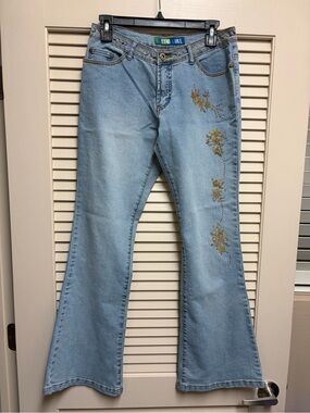 Metro Girl Womens Flare Jeans Size 5 Y2K Embellished Boho Bell Bottom Hippie
